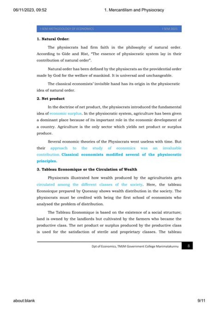 What are the reasons for rising physiocratic economic thought?